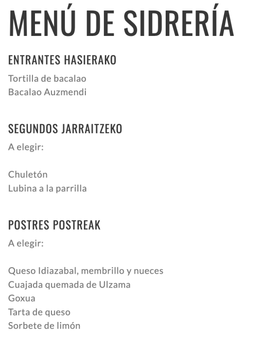 Menú Sidrería